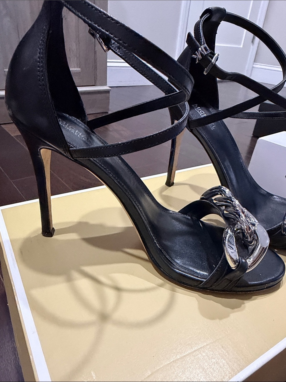 Michael Kors Black Leather Ankle-Strap Sandals with Silver Chain